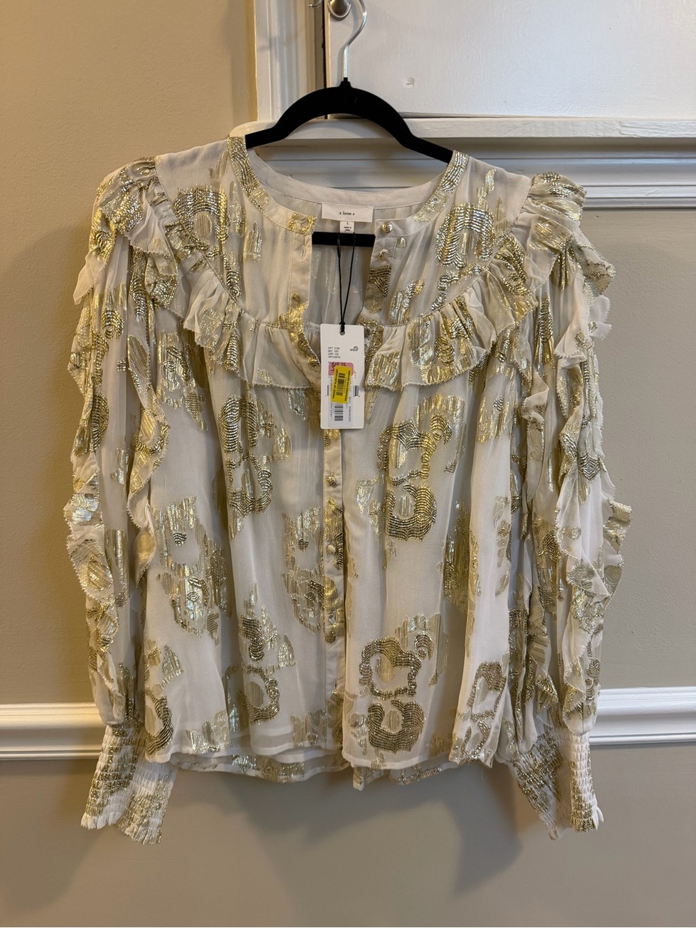 a loves a Ruffle-Trim Metallic Sheer Blouse - White & Gold